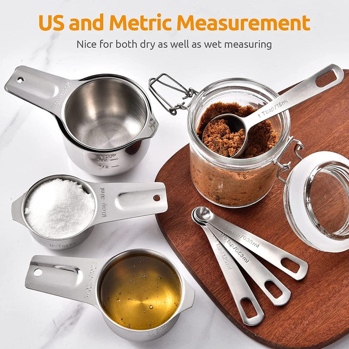 U-Taste Measuring Cups and Spoons Set, 18/8 Stainless Steel Kitchen Gadgets (7 Metal Measure Cups, 7 Measuring Spoons, 1 Magnetic Conversion Chart)