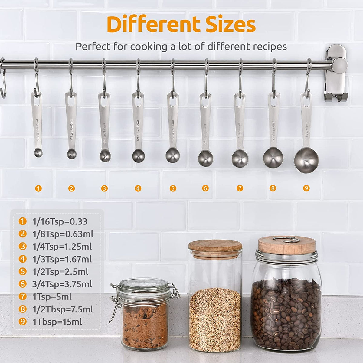 U-Taste 18/8 Stainless Steel Metal Measuring Spoons Set of 9: 1/16 Tsp, 1/8 Tsp, 1/4 Tsp, 1/3 Tsp, 1/2 Tsp, 3/4 Tsp, 1 Tsp, 1/2 Tbsp, 1 Tbsp