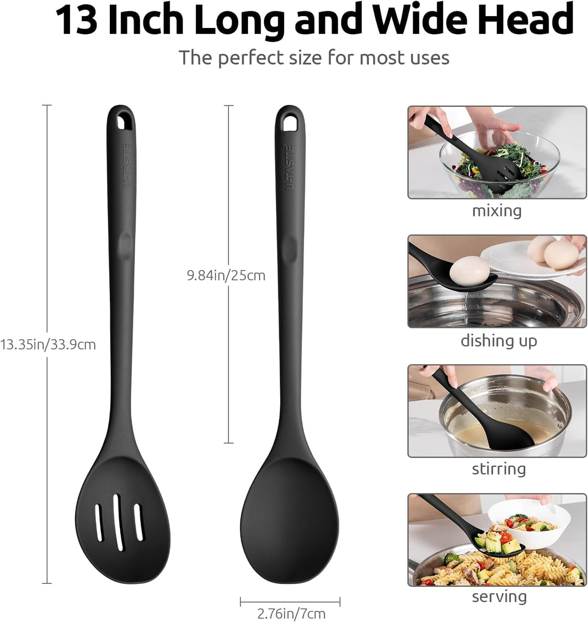 U-Taste 600°F Heat Resistant Silicone Spoons Set of 2, 13.3in Long Large Cooking Spoon, Rubber Kitchen Utensil for Mixing/Stirring/Serving, Black