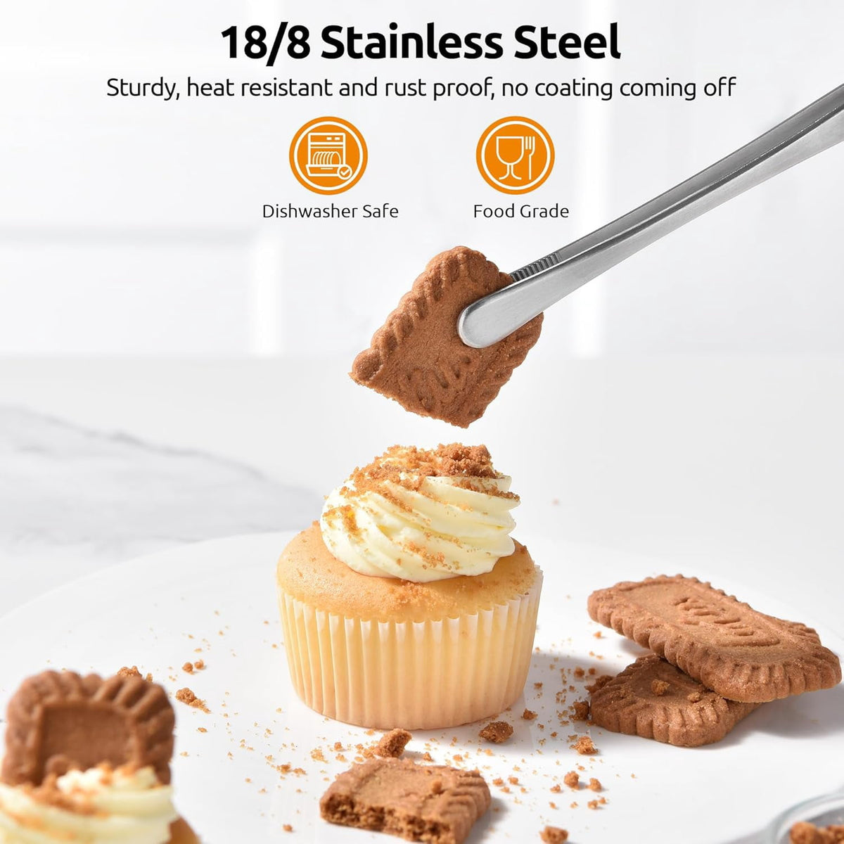 U-Taste Kitchen Cooking Tweezers, 18/8 Stainless Steel Food Grade Metal Food Tong Set, Non Slip Tips for Plating Serving Grill, 10in/Round+Pointed Tip