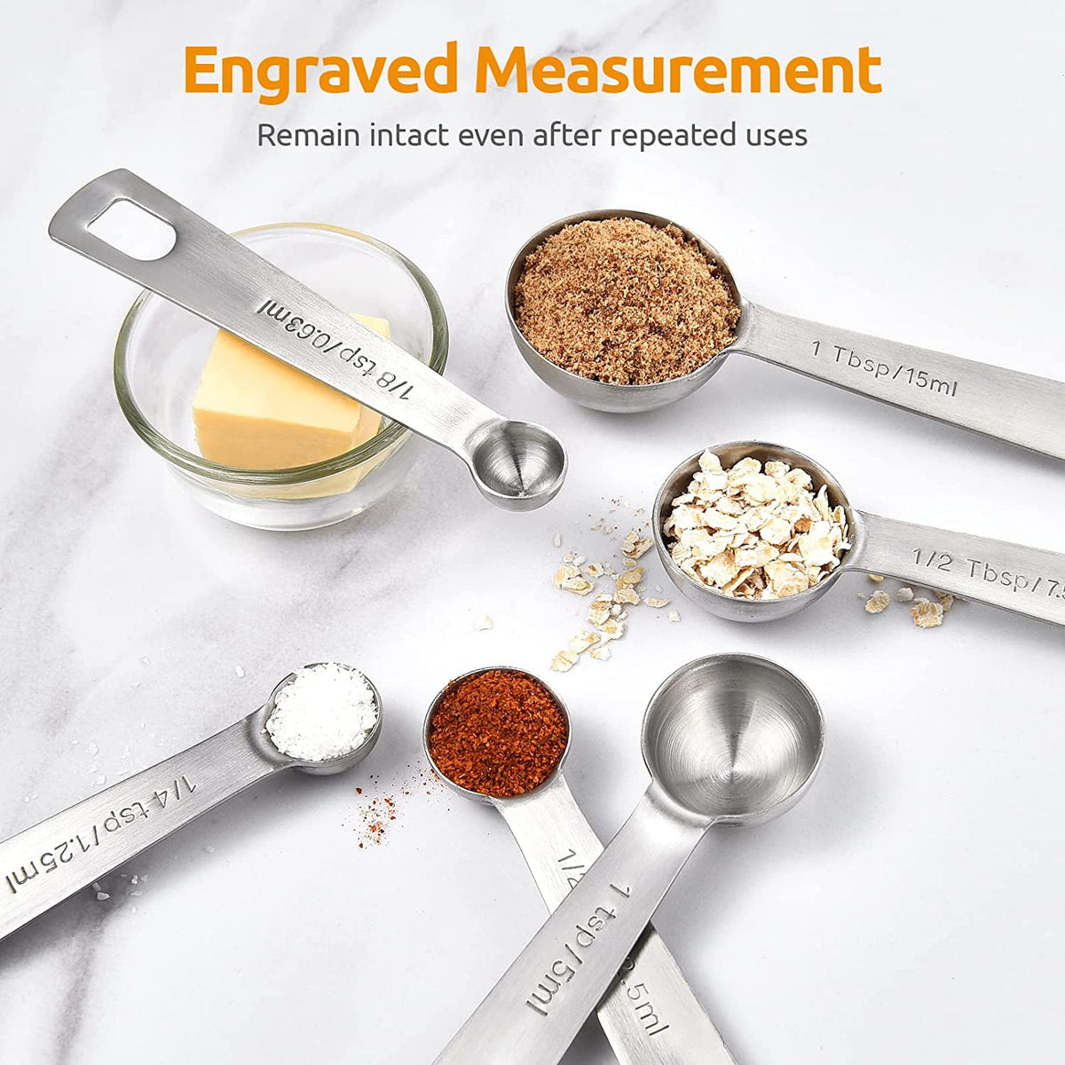 U-Taste 18/8 Stainless Steel Measuring Spoons Set of 8: 1/8 Tsp, 1/4 Tsp, 1/2 Tsp, 3/4 Tsp, 1 Tsp, 1/2 Tbsp, 1 Tbsp for Dry and Liquid Ingredient