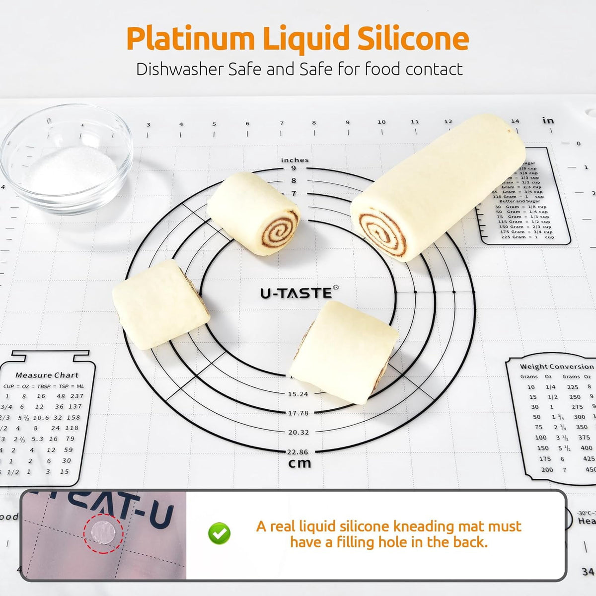 U-Taste 20"x16" Silicone Pastry Mat, Food Grade Dough Rolling Baking Sheet, Non Slip for Kneading Pizza Cookie Pie Crust, Clear Measurement, Clear