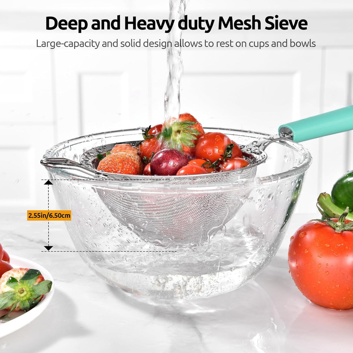 U-Taste Fine Mesh Strainer, 18/8 Stainless Steel Sieve Food Strainer, Kitchen Metal Colander for Rinsing Rice/Quinoa/Flour/Berry Seed, 4.73", Aqua Sky