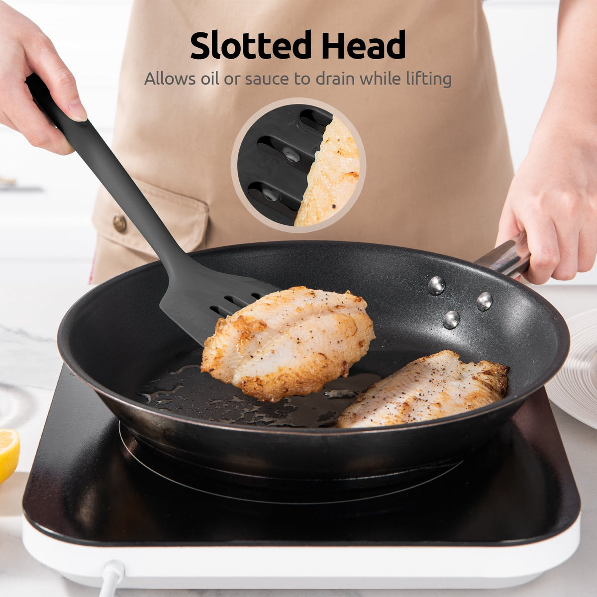 600°F Heat Resistant Slotted Turner: U-Taste 13.6in Silicone Kitchen Spatula Flipper, 3.85in Wide BPA Free Flexible Thin Rubber Cooking Utensil for Egg, Pancake, Cookie in Nonstick Cookware (Black)