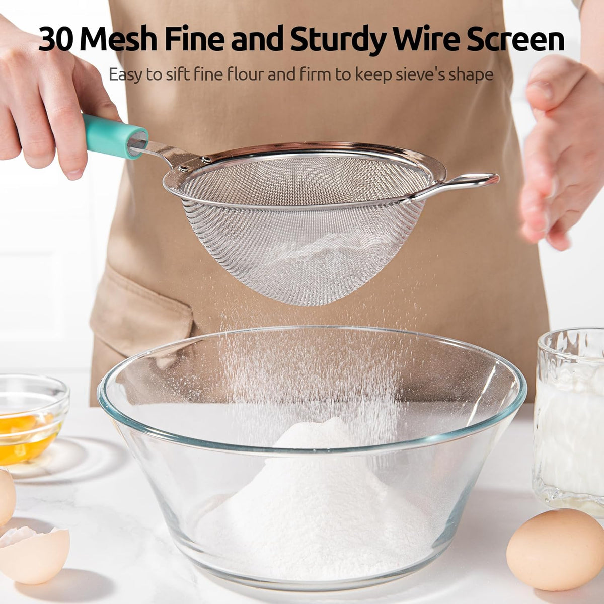 U-Taste Fine Mesh Strainer, 18/8 Stainless Steel Sieve Food Strainer, Kitchen Metal Colander for Rinsing Rice/Quinoa/Flour/Berry Seed, 4.73", Aqua Sky