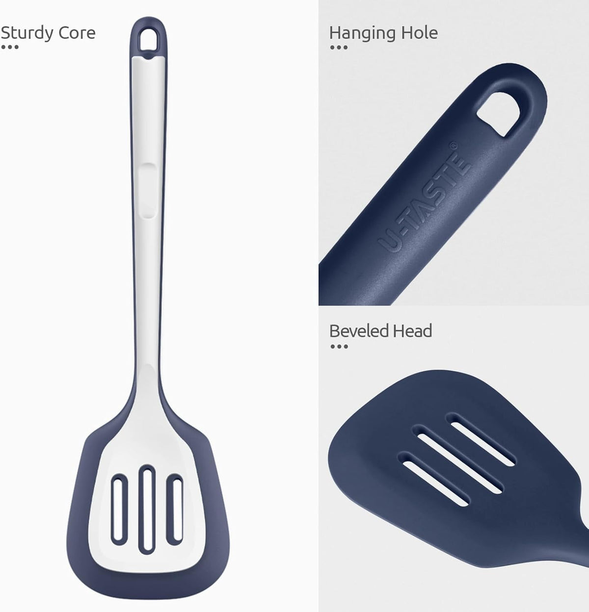 U-Taste 600°F Heat Resistant Silicone Turner Spatula Set of 2, Kitchen Cooking Utensils for Flipping Egg Pancake, 13.6" Long/3.7" Wide, Midnight Blue