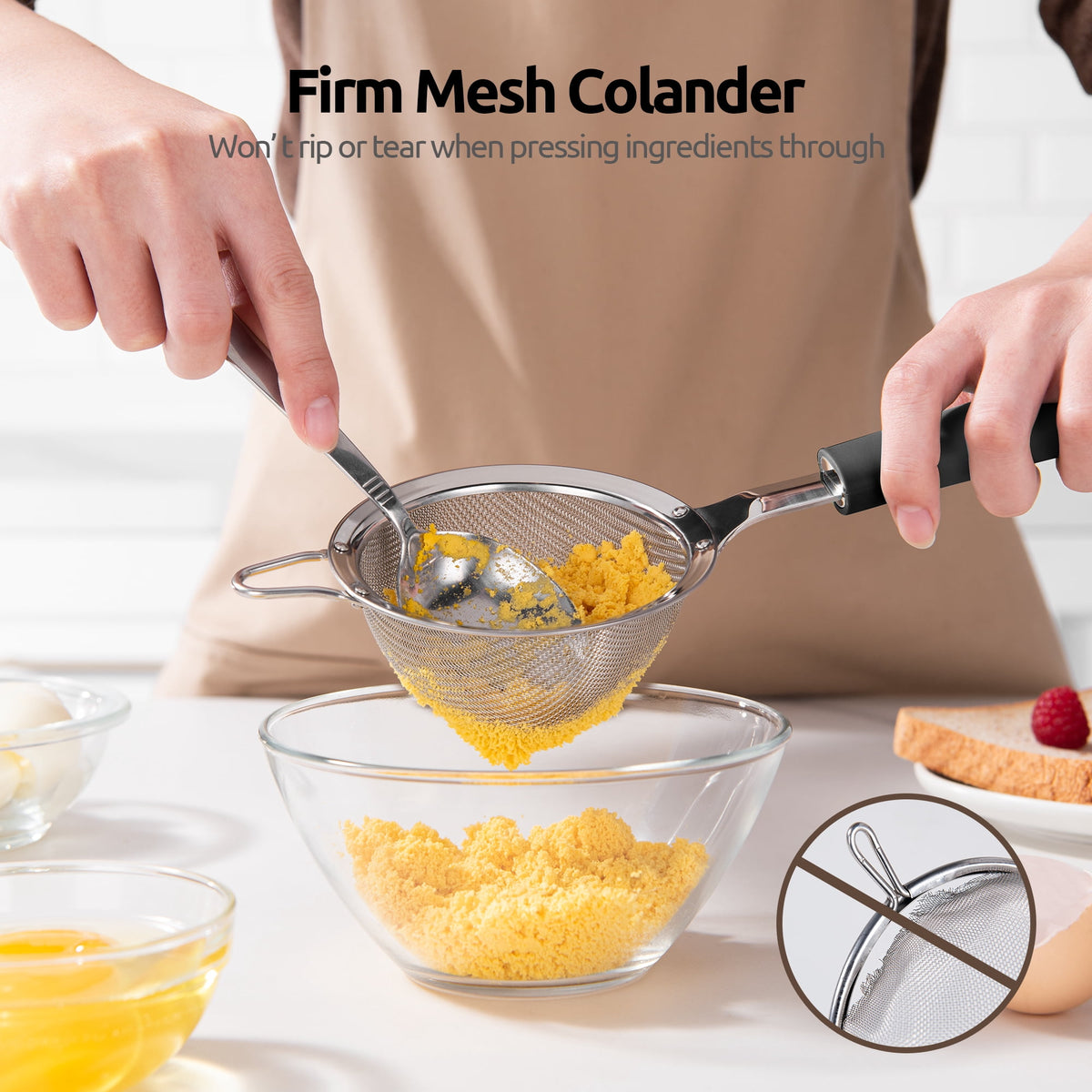 U-Taste 18/8 Stainless Steel Mesh Strainer, 30 Mesh Fine Sieve Food Strainer, Kitchen Colander for Straining Quinoa/Flour/Pasta/Fruit, 3.9in, Black