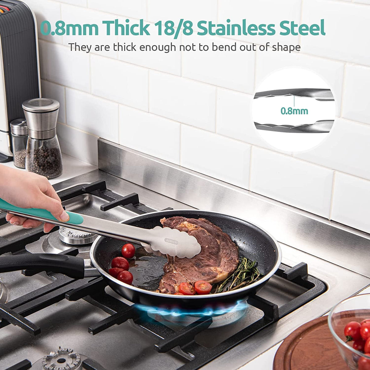 U-Taste 18/8 Stainless Steel Kitchen Tong for Cooking, Long Large Metal Tong for Serving Food Grilling BBQ, Non Slip Silicone Handle, 12in, Aqua Sky