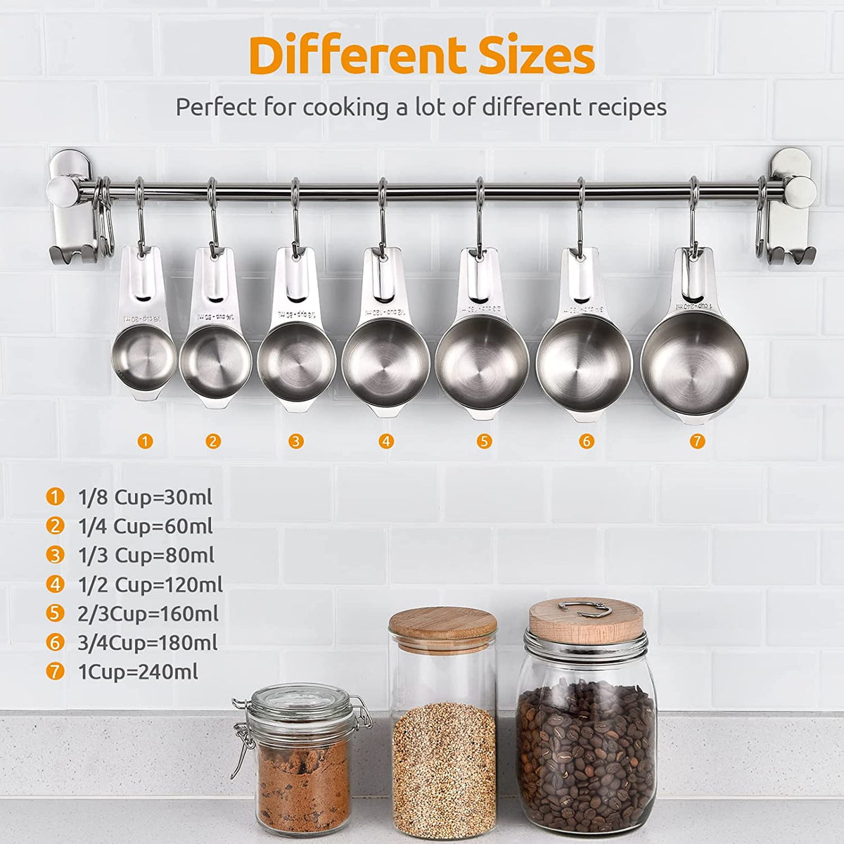 U-Taste Metal Measuring Cups Set of 7, 18/8 Stainless Steel Kitchen Gadgets for Cooking Baking Dry and Liquid Ingredients, Stackable Nesting Design