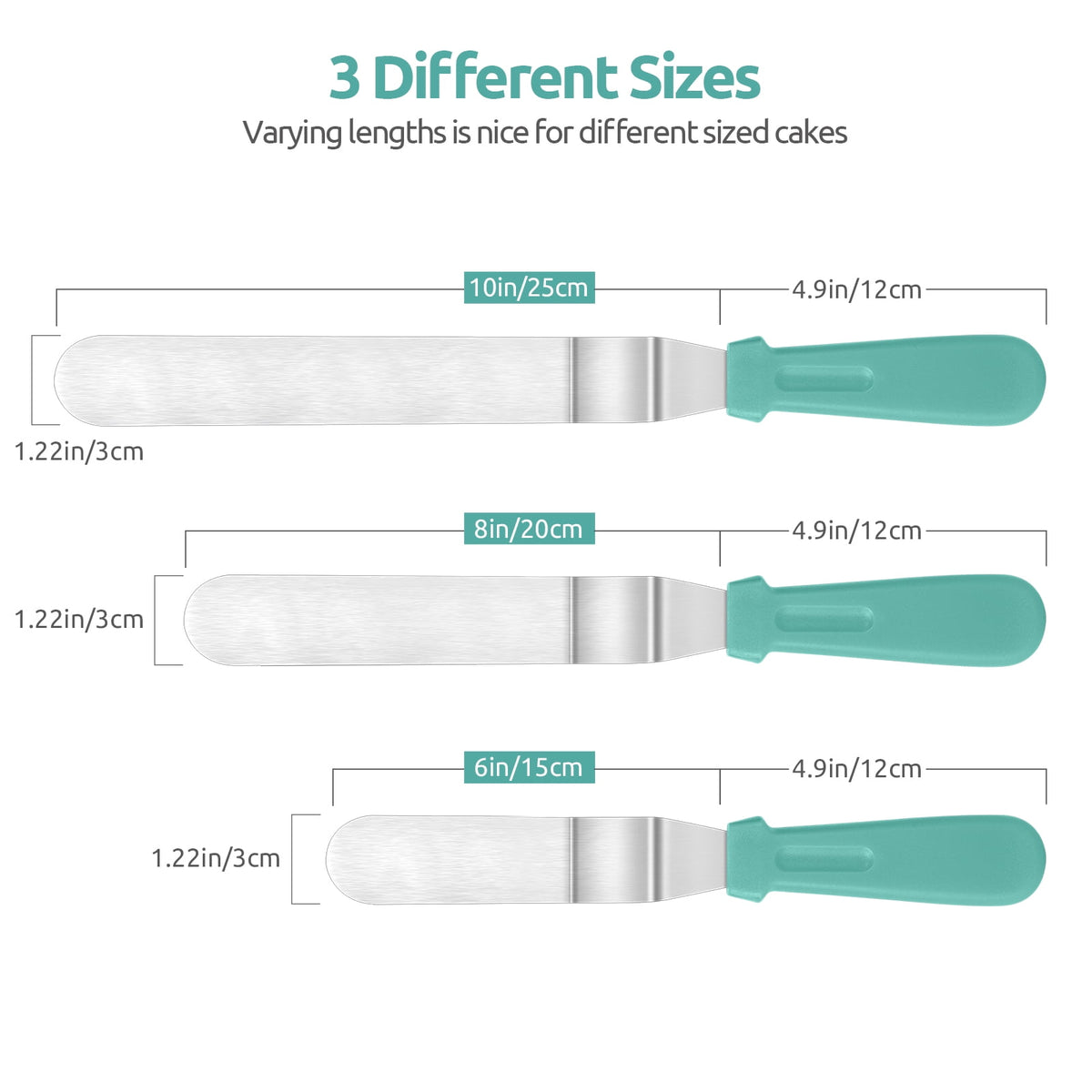 U-Taste Offset Icing Spatula Set of 3, Cake Frosting Spreader, 420 Stainless Steel Angled Spatula with 6/8/10in Blade for Cake Decorating, Aqua Sky