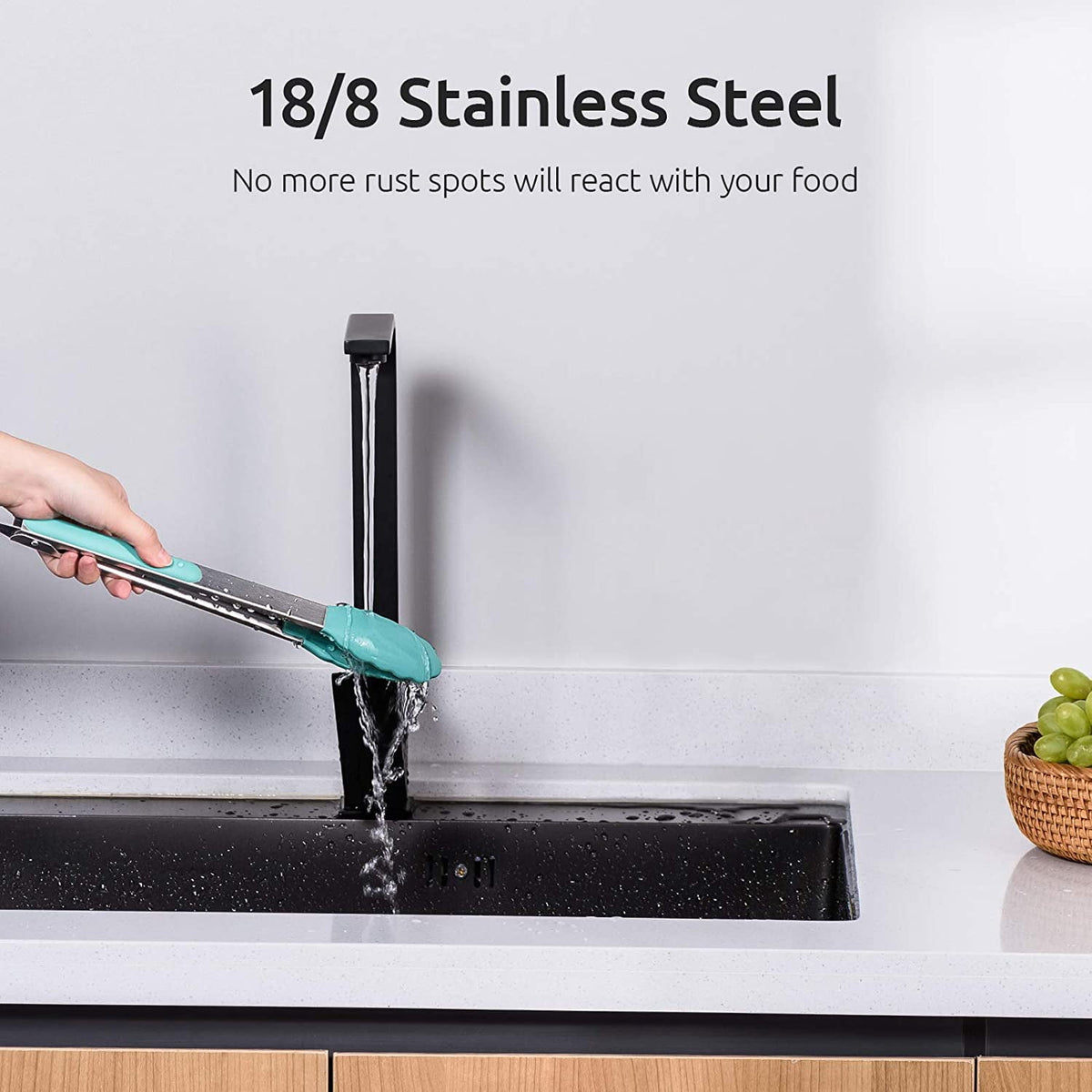 U-Taste 480ºF Heat-Resistant Kitchen Tongs for Cooking, Silicone Tong Utensils Set for Food Serving, Rubber Salad/Grill/BBQ Tongs, 7/9/12in, Aqua Sky