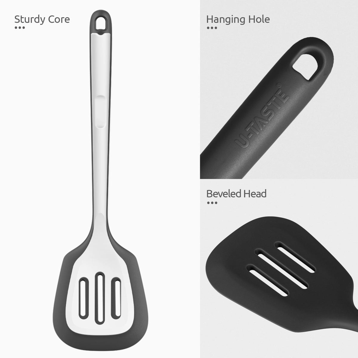 600°F Heat Resistant Slotted Turner: U-Taste 13.6in Silicone Kitchen Spatula Flipper, 3.85in Wide BPA Free Flexible Thin Rubber Cooking Utensil for Egg, Pancake, Cookie in Nonstick Cookware (Black)