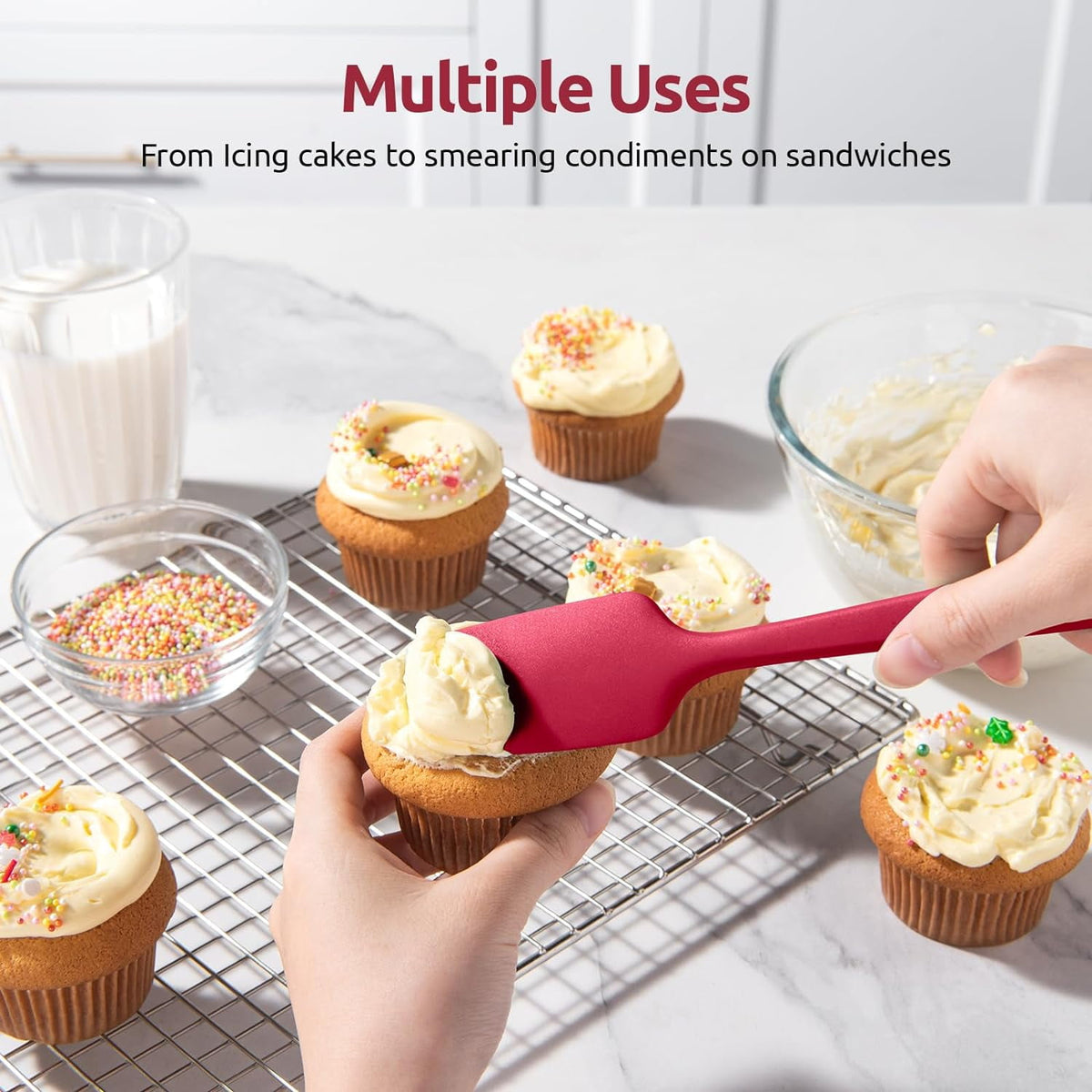 U-Taste Silicone Spatula Set of 4, 600°F High Heat Resistant Kitchen Cooking Utensils Baking Supplies, Food Grade Seamless Rubber Scraper, Red