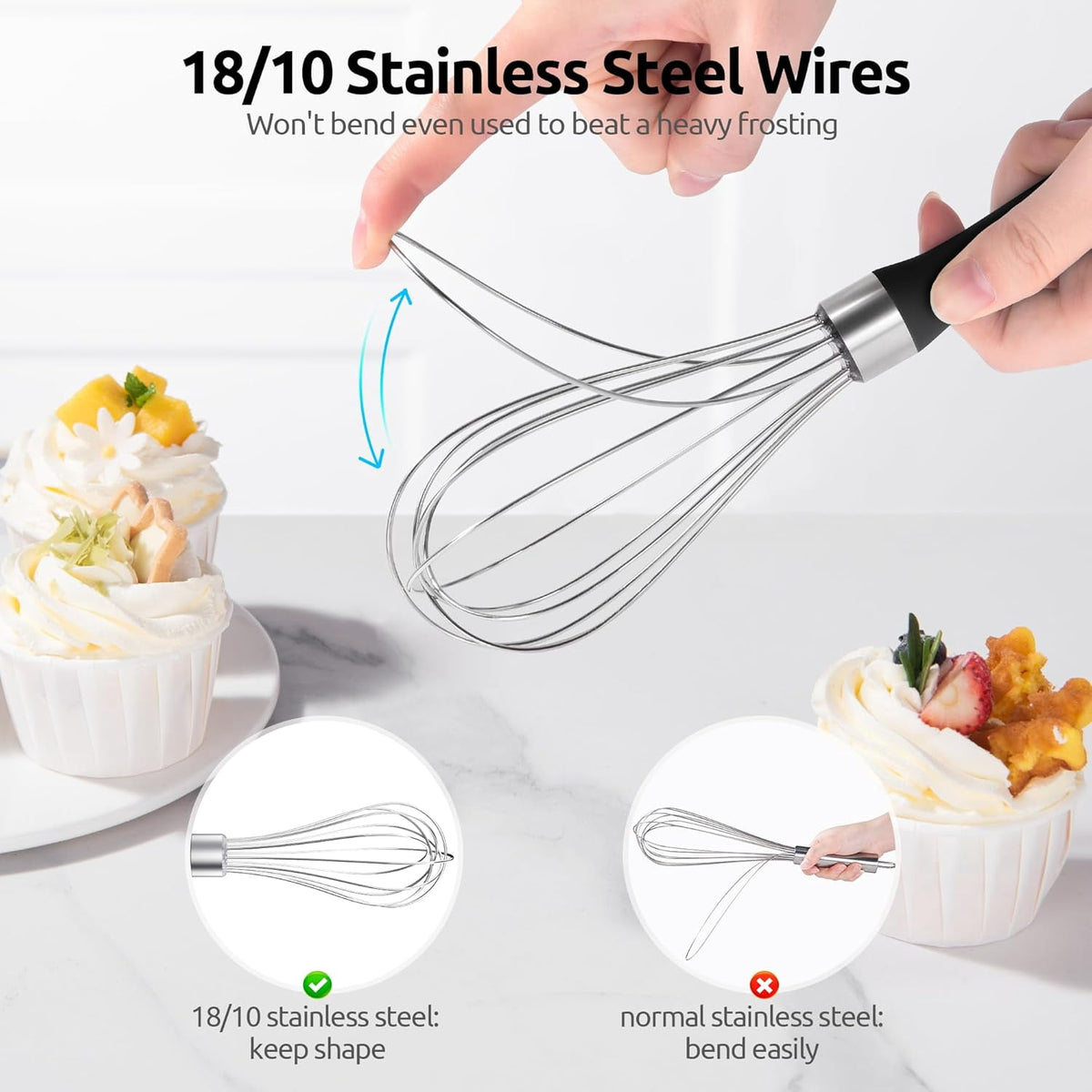 U-Taste Kitchen Wire Whisk for Cooking, 18/10 Stainless Steel Egg Beater with 6 Wires, Baking Tool for Whisking Mixing Stirring, Small, Black