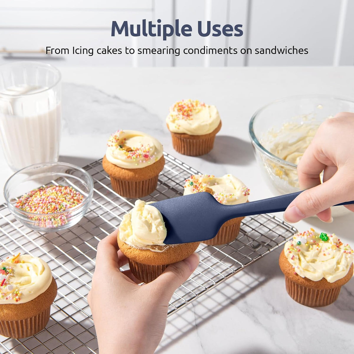 U-Taste 480°F High Heat Resistant Silicone Spatula Set of 4, BPA-Free Food Grade Kitchen Cooking Baking Mixing One Piece Seamless Flexible Rubber Scraper for Nonstick Cookware (Midnight Blue)