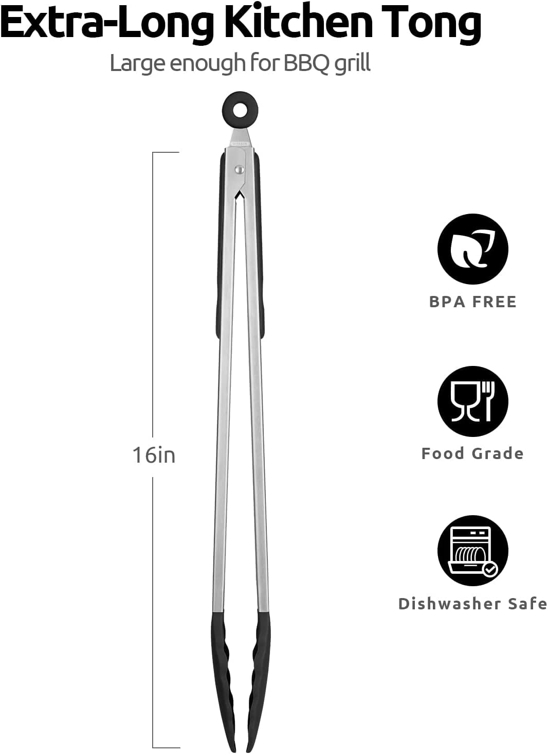 U-Taste Kitchen Tong for Cooking, 600ºF Heat-Resistant Silicone Tips, Extra Long Large Food Tong for Outdoor BBQ Grilling Grabbing, 16in, Black