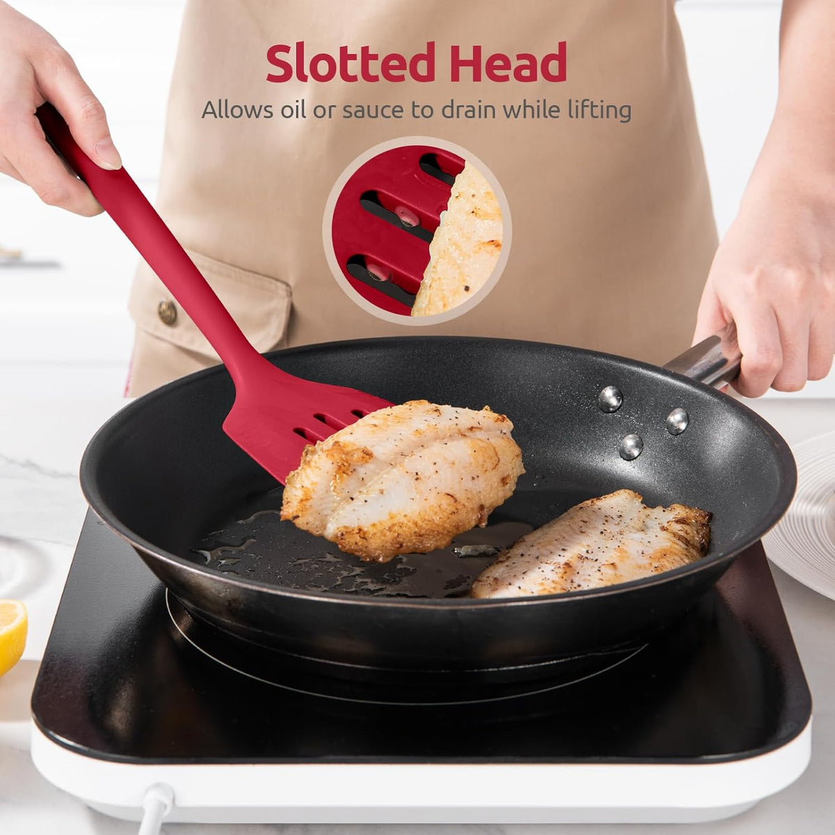 600°F Heat Resistant Silicone Turners: U-Taste 13.6in Long Solid & Slotted Kitchen Spatula Flipper, Food Grade Flexible Cooking Utensil for Flipping Egg, Pancake in Nonstick Cookware (Red, 2PCS)