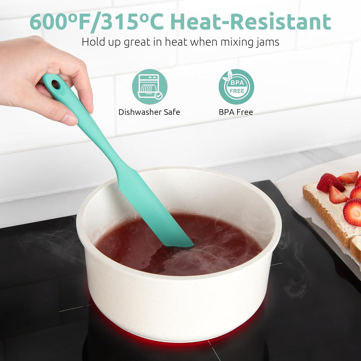 U-Taste Silicone Jar Spatula: 600ºF Heat-Resistant Food-Grade Sourdough Stirring Stick, Long Seamless Flexible Peanut Butter Spreader, 10in, Aqua Sky