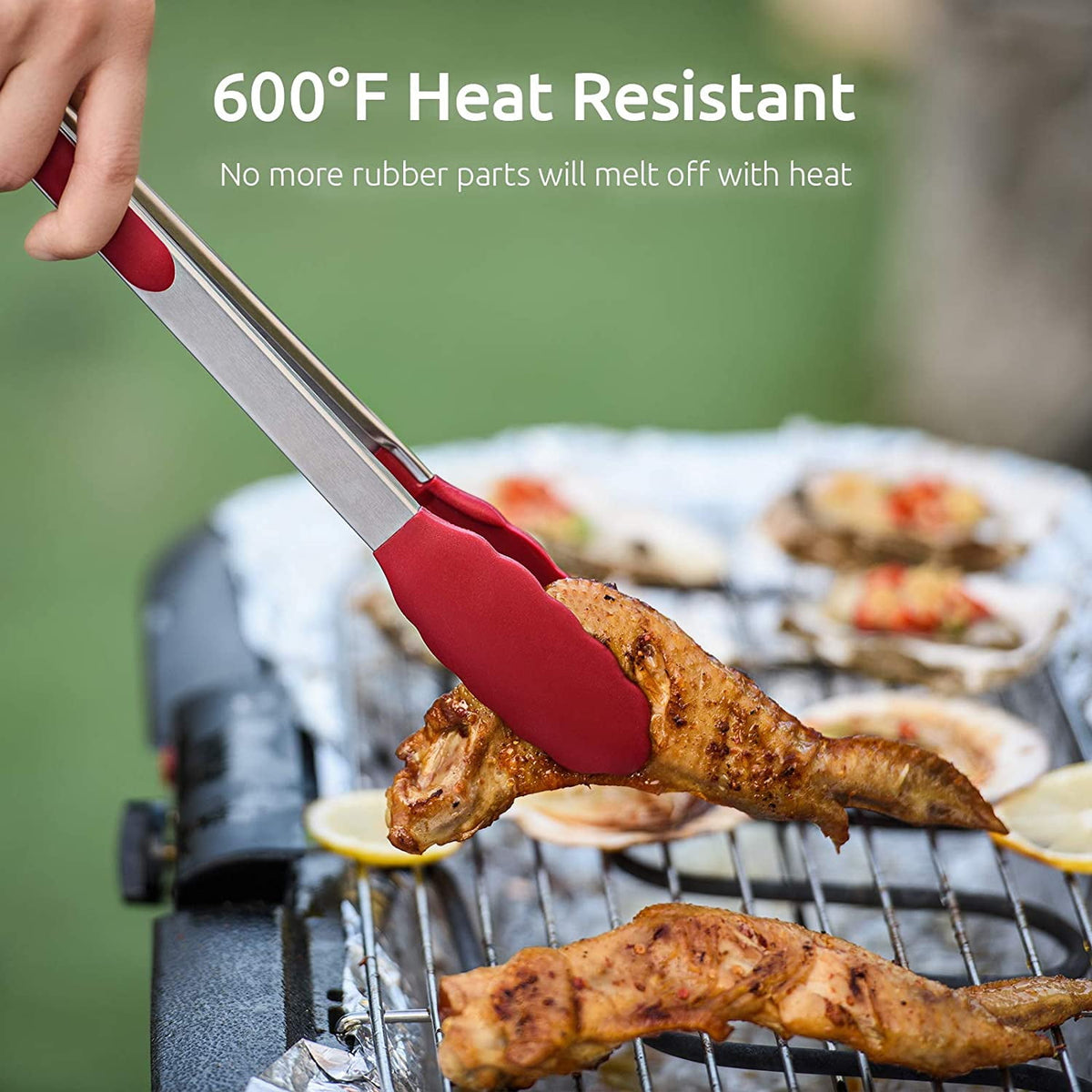 U-Taste 600ºF Heat-Resistant Kitchen Tongs for Cooking, Silicone Tong Utensils Set for Food Serving, Rubber Salad/Grill/BBQ Tongs, 7/9/12in, Red