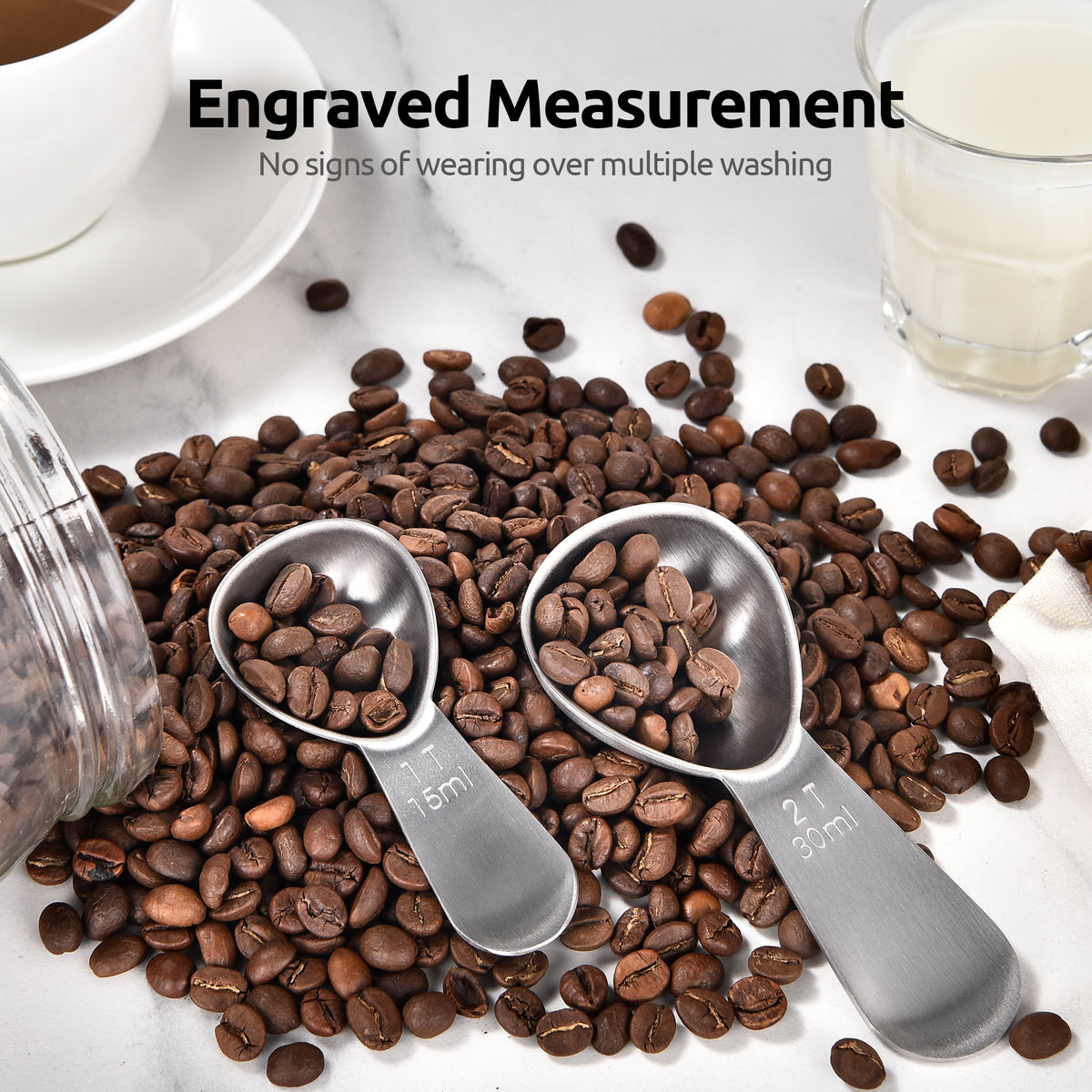U-Taste 18/8 Stainless Steel Coffee Scoop, Durable Metal Measuring Spoon for Ground Coffee Bean, Short Handle Tablespoon Scooper, 1 & 2 Tbsp Scoop
