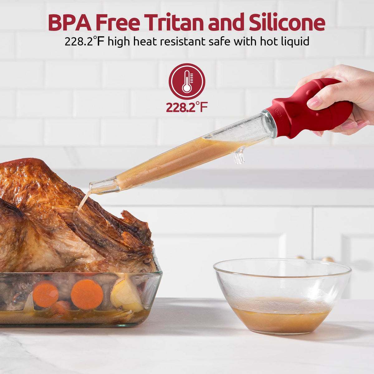 U-Taste 1.5oz Angled Turkey Baster for Cooking, 228.2°F Heat Resistant Food Grade Tritan & Silicone Octopus Bulb Baster, with a Cleaning Brush, Red