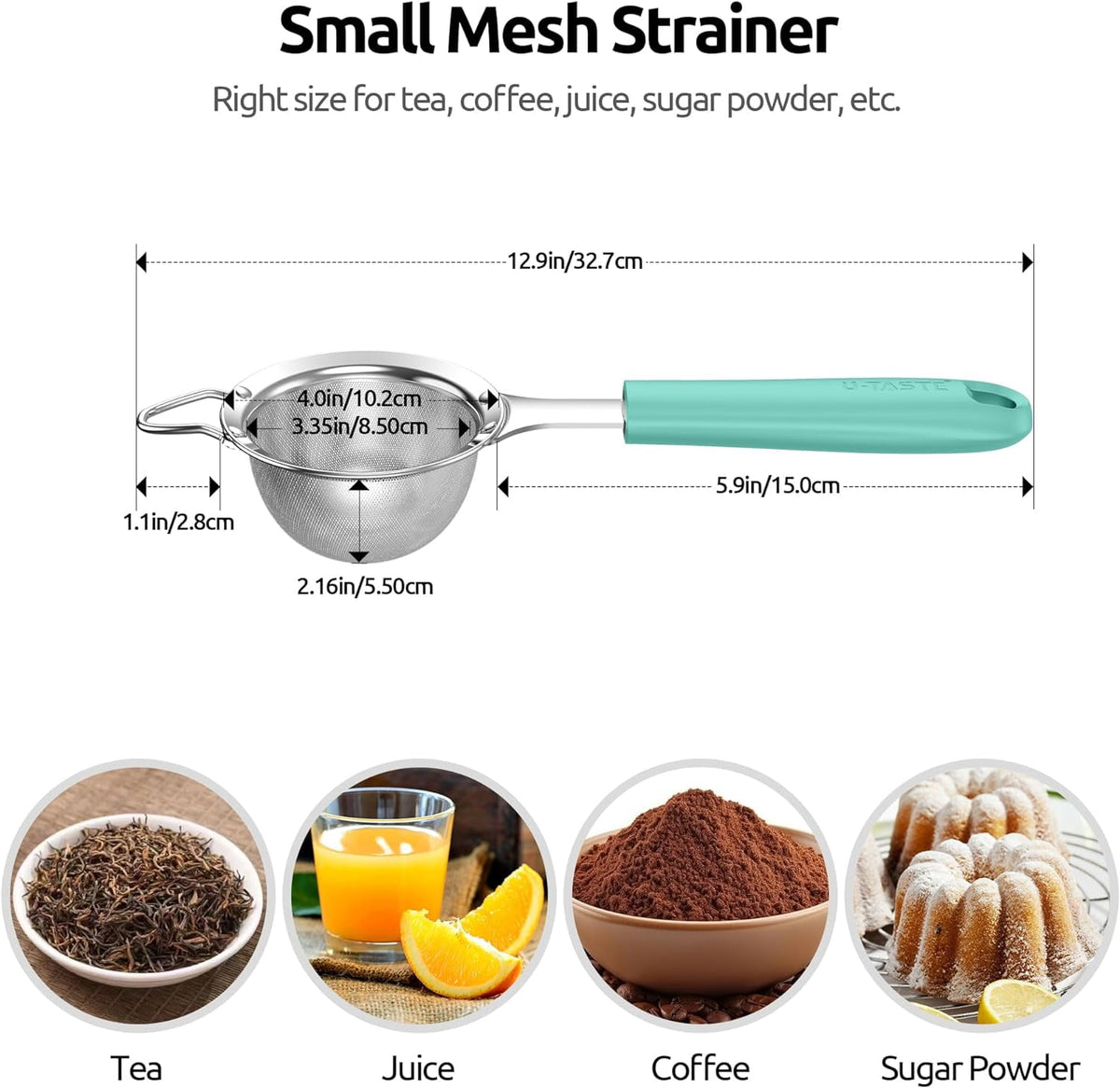 U-Taste Fine Mesh Strainer, 18/8 Stainless Steel Tea Coffee Strainer, Mini Small Fine Sieve, Metal Colander for Loose Tea/Juice/Pulp/Matcha, Aqua Sky