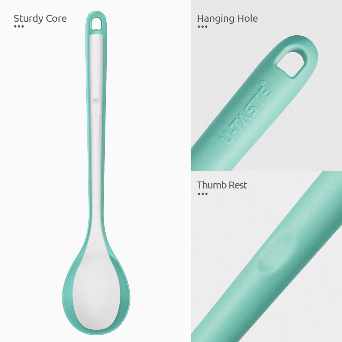 600°F Heat Resistant Silicone Spoon: U-Taste 13.6in Solid Kitchen Cooking Spoon, Nonstick BPA Free Large & Long Soup Rubber Utensil for Mixing, Serving, Stirring, Basting, for Pot Cookware (Aqua Sky)