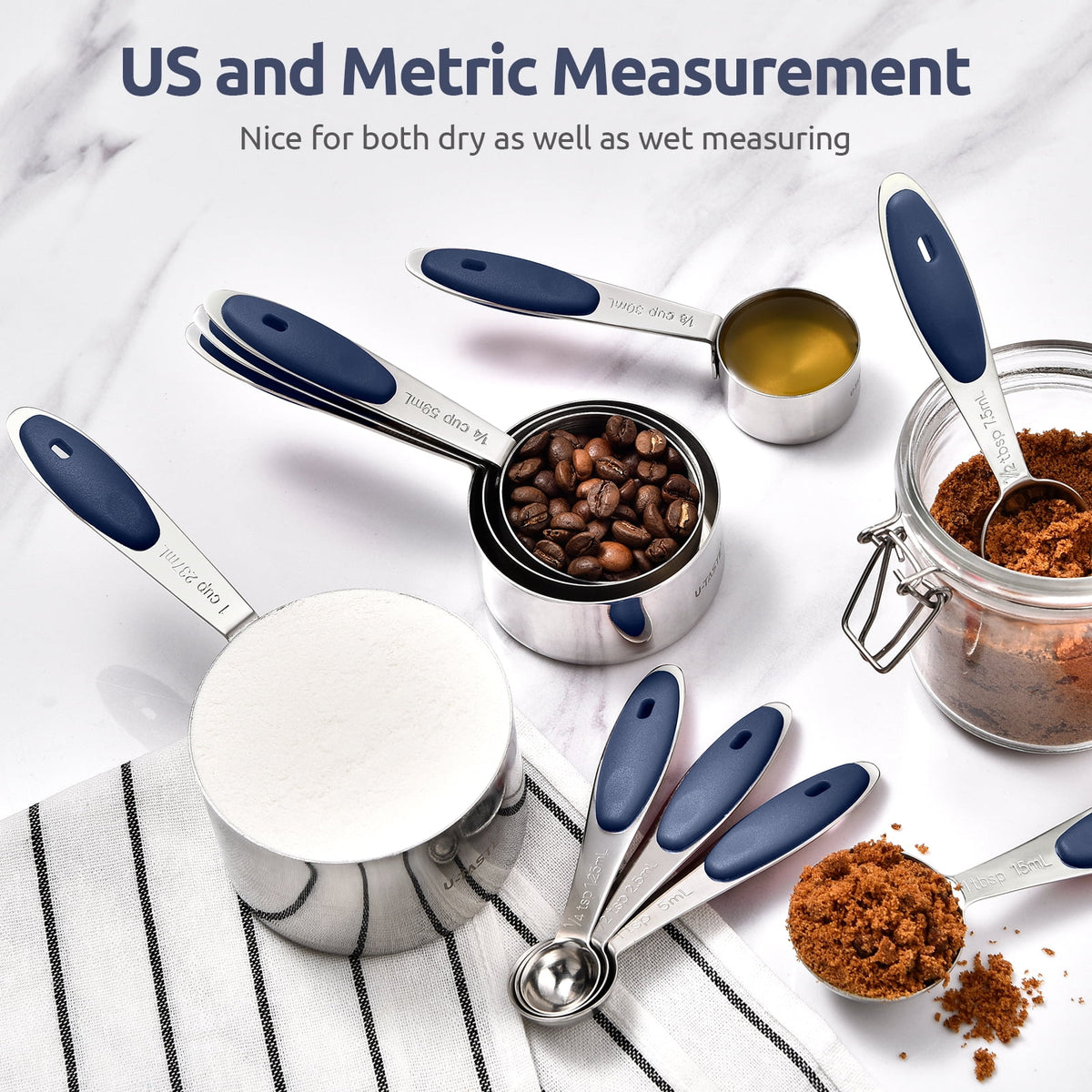 U-Taste 18/8 Stainless Steel Measuring Cups Spoons Set, Metal Stacking Measure Set for Baking Cooking, Reinforced Welded Joints, 10Pcs, Midnight Blue