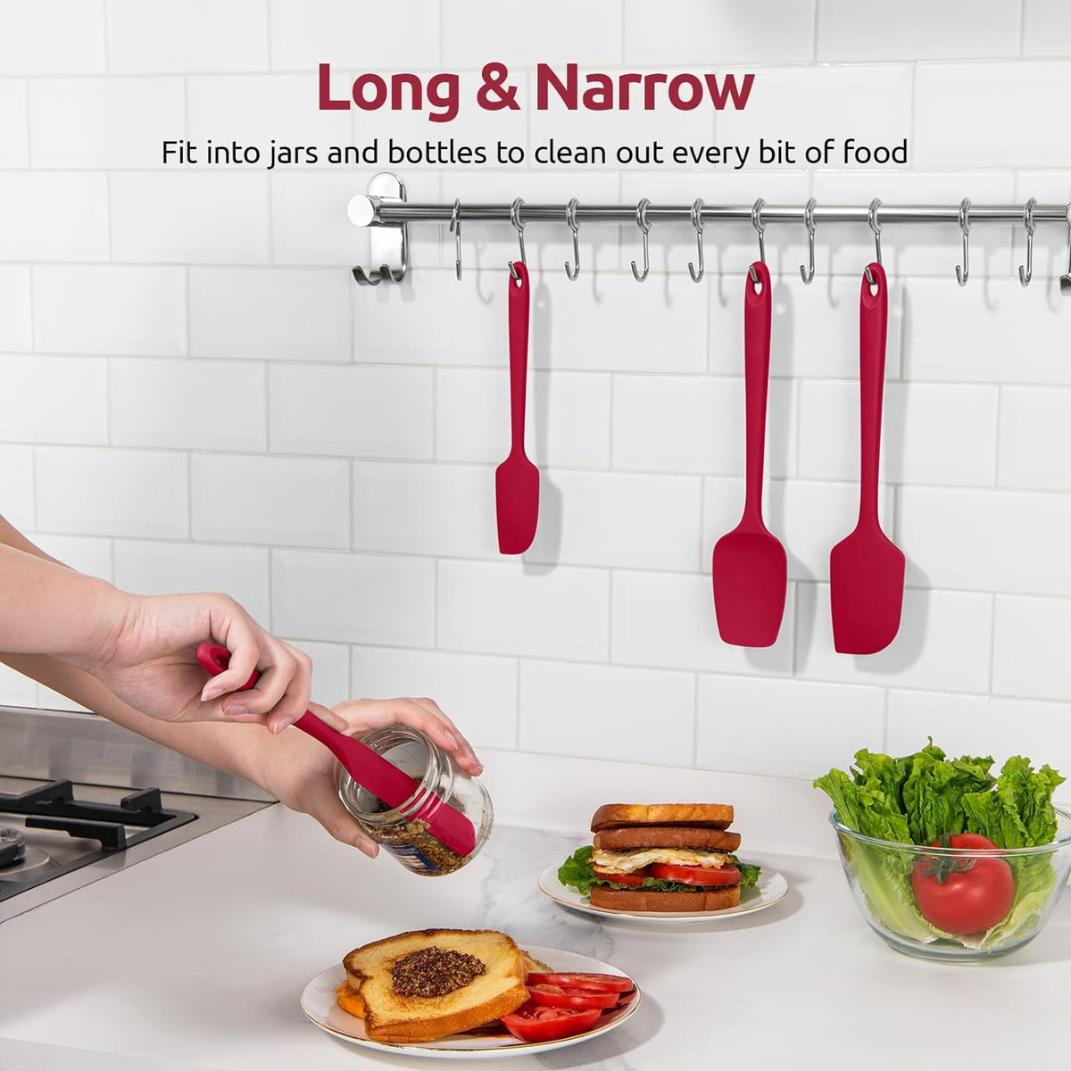 U-Taste Silicone Spatula Set of 4, 600°F High Heat Resistant Kitchen Cooking Utensils Baking Supplies, Food Grade Seamless Rubber Scraper, Red