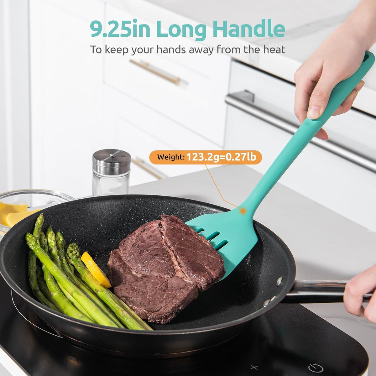 U-Taste 600°F Heat Resistant Silicone Turner Spatula Set of 2, Kitchen Cooking Utensils Set for Flipping Egg Pancake, 13.6" Long/3.7" Wide, Aqua Sky
