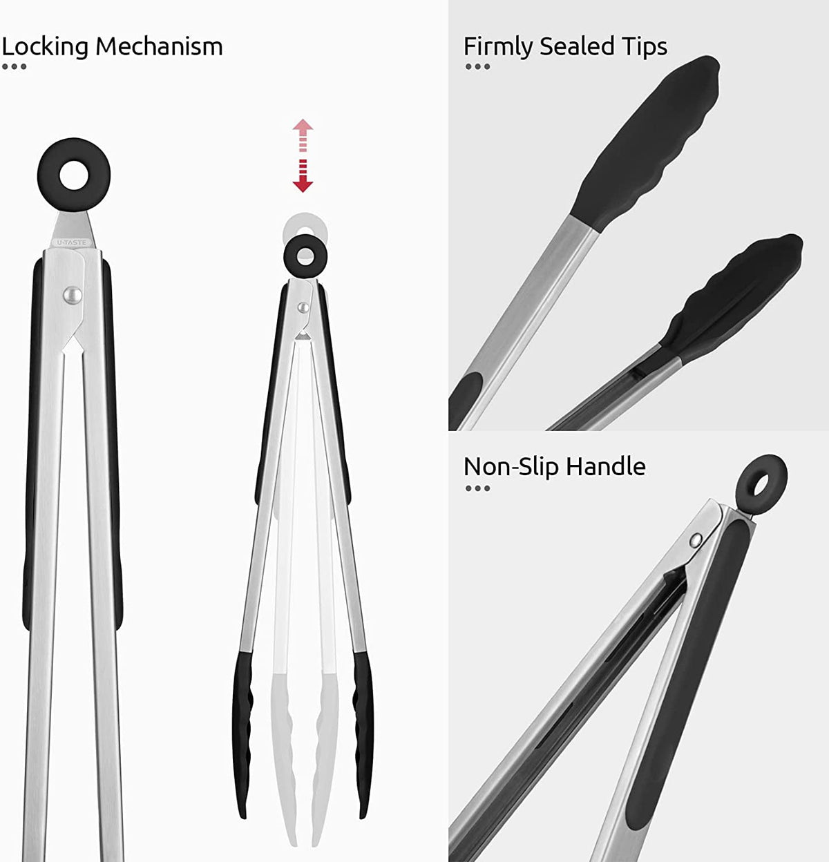 U-Taste Kitchen Tong for Cooking, 480ºF Heat-Resistant Silicone Tips, Extra Long Large Food Tong for Outdoor BBQ Grilling Grabbing, 16in, Black