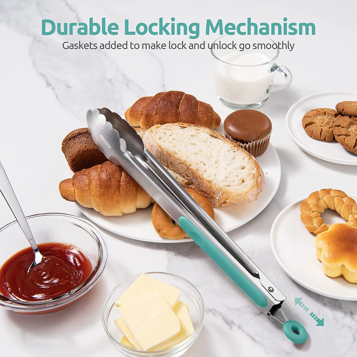 U-Taste 18/8 Stainless Steel Kitchen Tong for Cooking, Long Large Metal Tong for Serving Food Grilling BBQ, Non Slip Silicone Handle, 12in, Aqua Sky