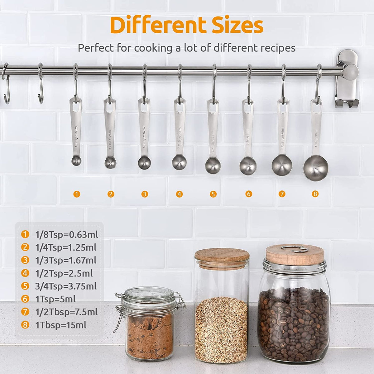 U-Taste 18/8 Stainless Steel Measuring Spoons Set of 8: 1/8 Tsp, 1/4 Tsp, 1/3 Tsp, 1/2 Tsp, 3/4 Tsp, 1 Tsp, 1/2 Tbsp, 1 Tbsp for Dry and Liquid Use