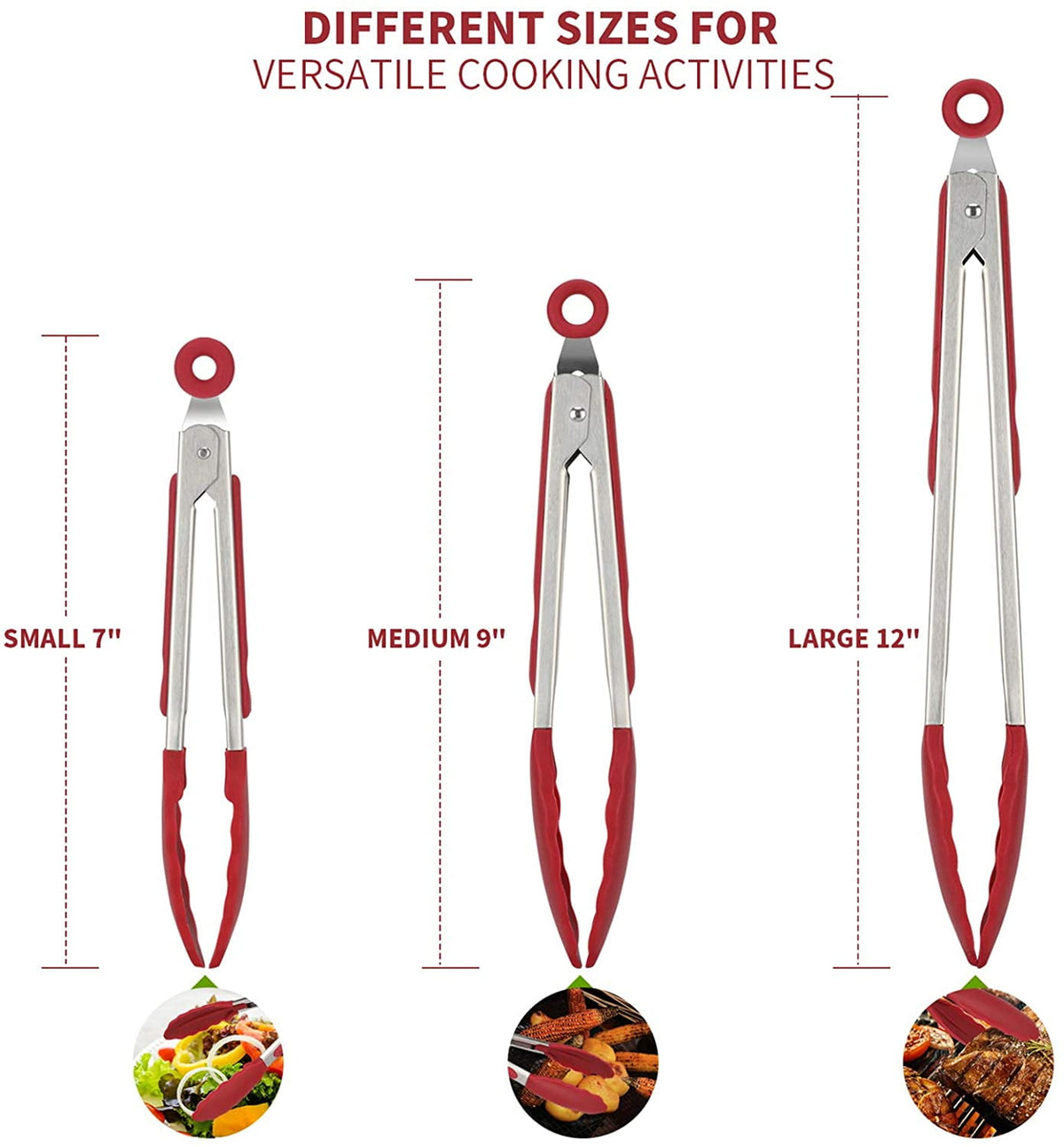 U-Taste 600ºF Heat-Resistant Kitchen Tongs for Cooking, Silicone Tong Utensils Set for Food Serving, Rubber Salad/Grill/BBQ Tongs, 7/9/12in, Red