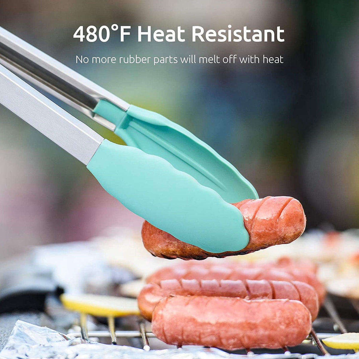U-Taste 480ºF Heat-Resistant Kitchen Tongs for Cooking, Silicone Tong Utensils Set for Food Serving, Rubber Salad/Grill/BBQ Tongs, 7/9/12in, Aqua Sky