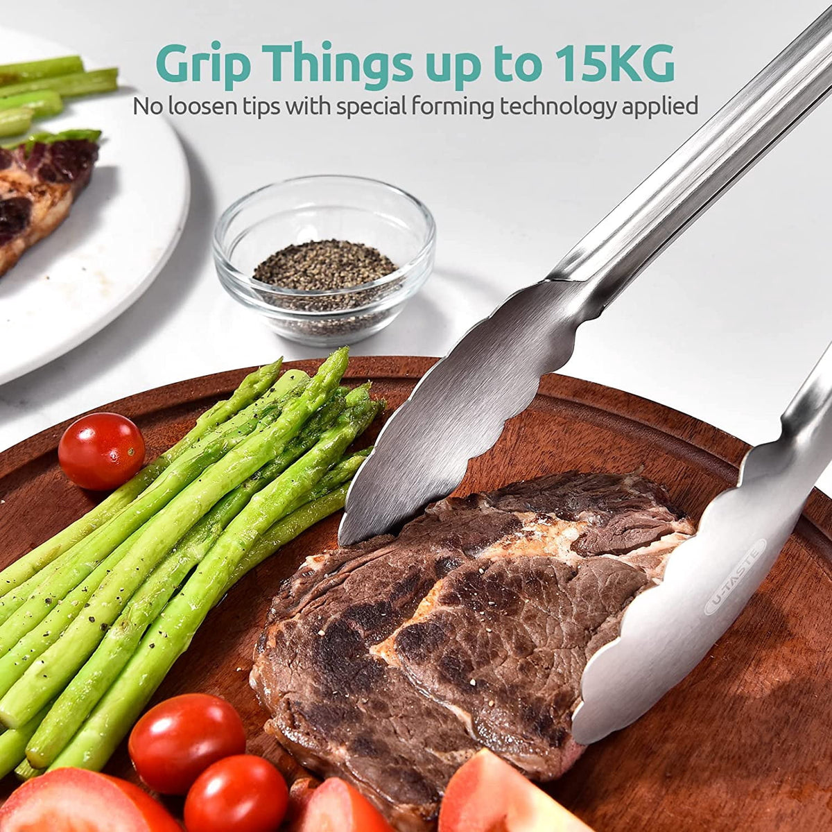 U-Taste 18/8 Stainless Steel Kitchen Tong for Cooking, Extra Long Large Food Tong for Outdoor BBQ Grilling, Non Slip Silicone Handle, 16in, Aqua Sky