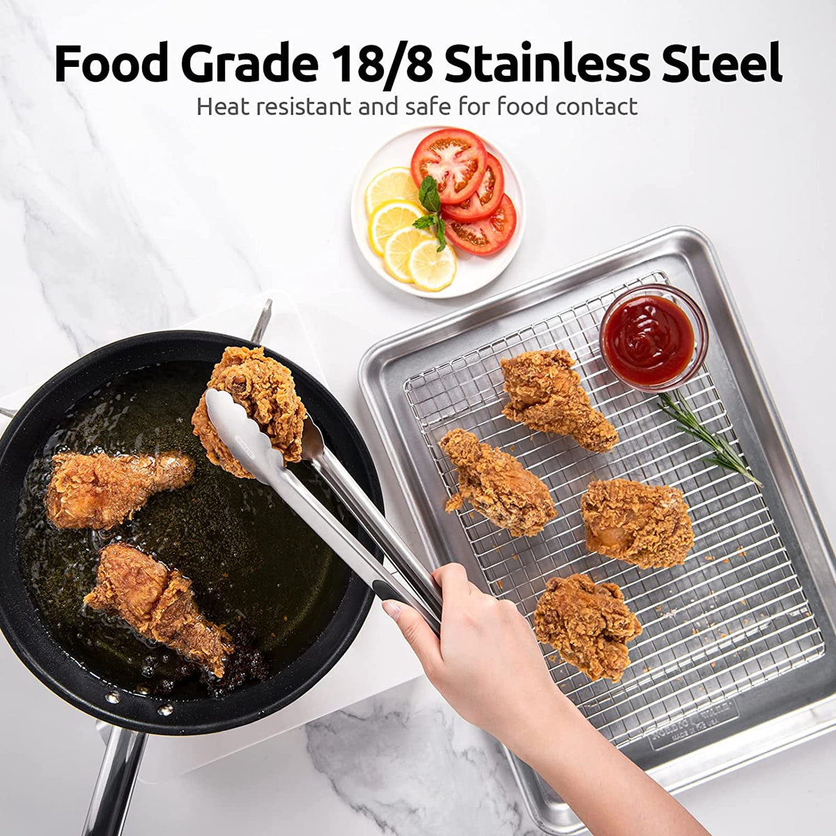 U-Taste 18/8 Stainless Steel Kitchen Tong for Cooking, Long Large Metal Tong for Serving Food Grilling BBQ, Non Slip Silicone Handle, 12in, Black