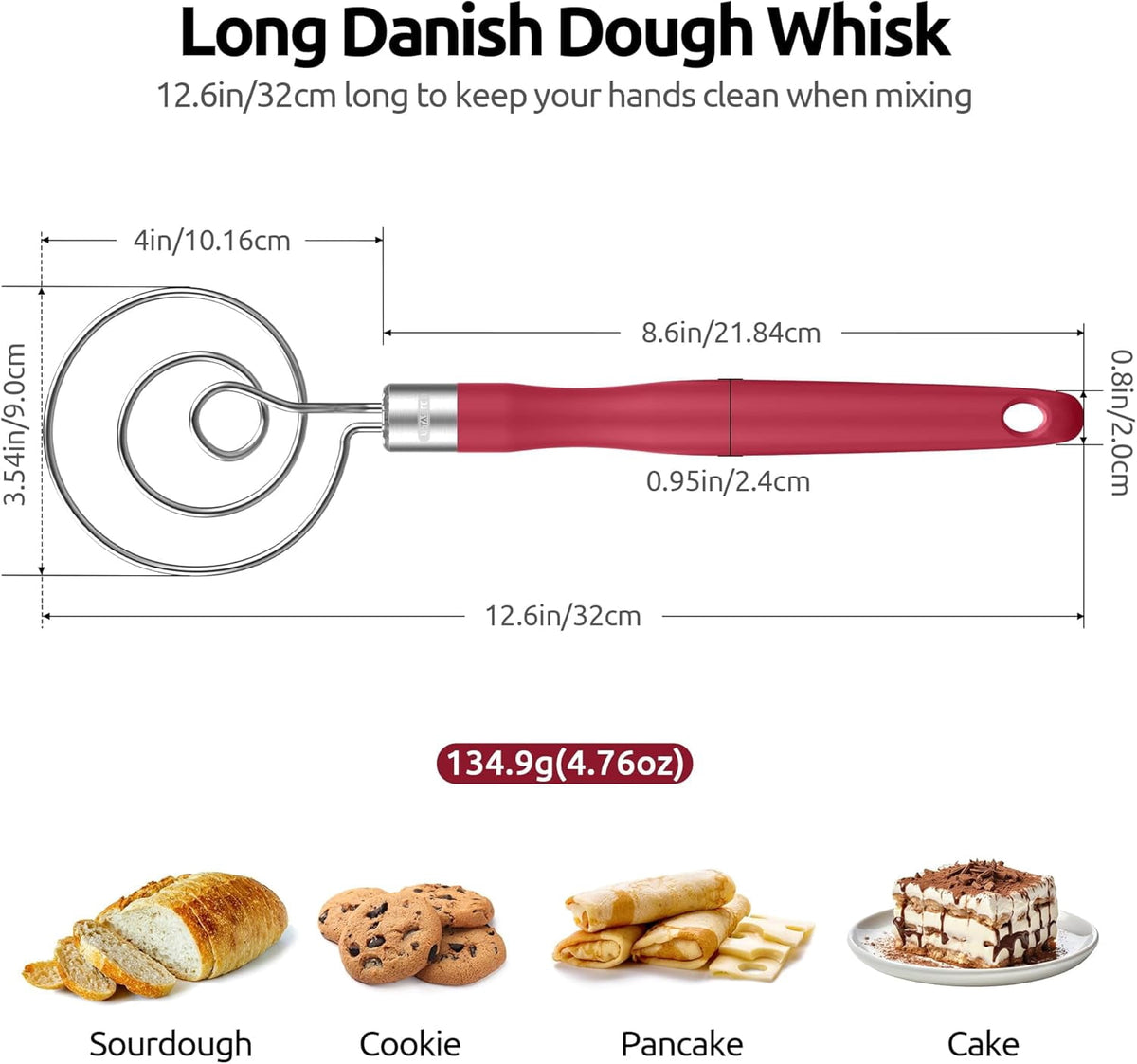 U-Taste Danish Dough Whisk, 18/8 Stainless Steel Sourdough Mixer Tool, Long Handle Dutch Bread Wisk for Mixing/Stirring/Kneading Batter, 12.6in , Red