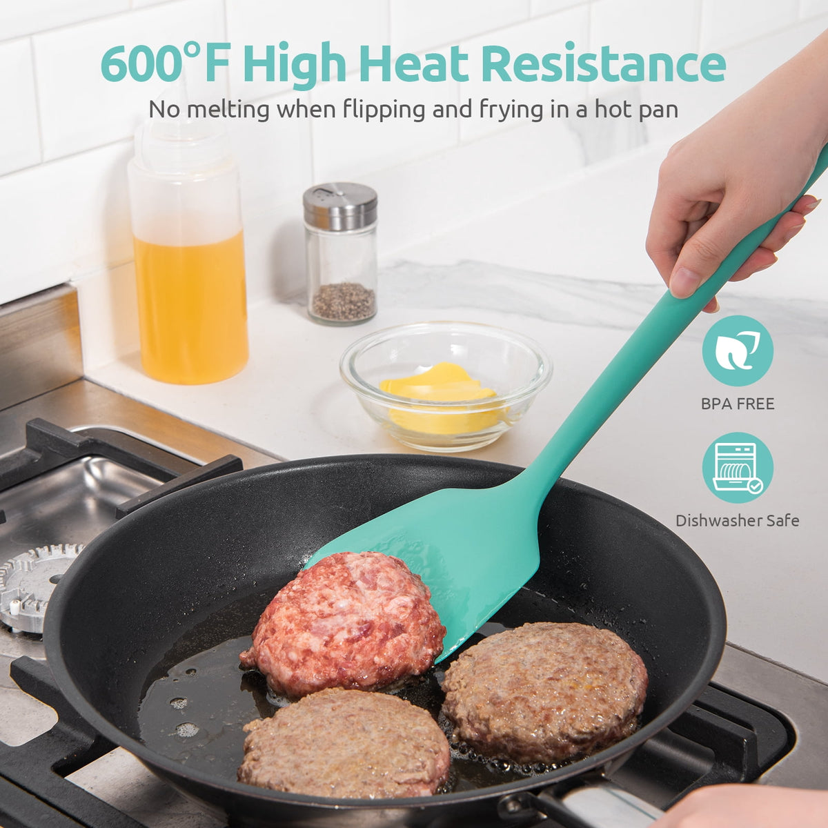 U-Taste 600°F Heat Resistant Silicone Turner, Solid Kitchen Spatula Cooking Utensil for Flipping Egg Pancake, 13.6" Long/3.7" Wide, Aqua Sky