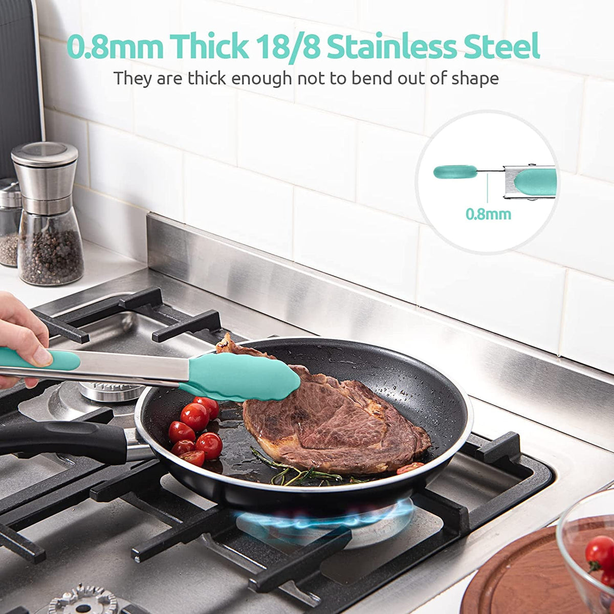 U-Taste Kitchen Tong for Cooking, 600ºF Heat-Resistant Non Stick Silicone Tips, Long Large Rubber Food Tong for Serving Grilling BBQ, 12in, Aqua Sky
