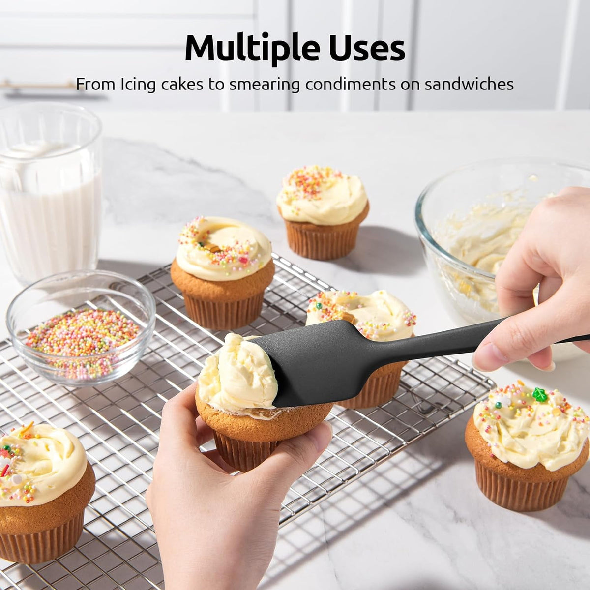 U-Taste 480°F High Heat Resistant Silicone Spatula Set of 4, BPA-Free Food Grade Kitchen Cooking Baking Mixing One Piece Seamless Flexible Rubber Scraper for Nonstick Cookware (Black)