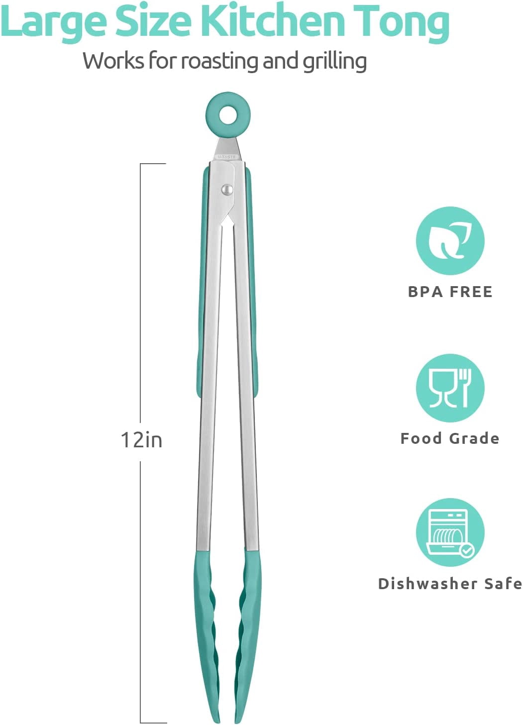 U-Taste Kitchen Tong for Cooking, 480ºF Heat-Resistant Non Stick Silicone Tips, Long Large Rubber Food Tong for Serving Grilling BBQ, 12in, Aqua Sky
