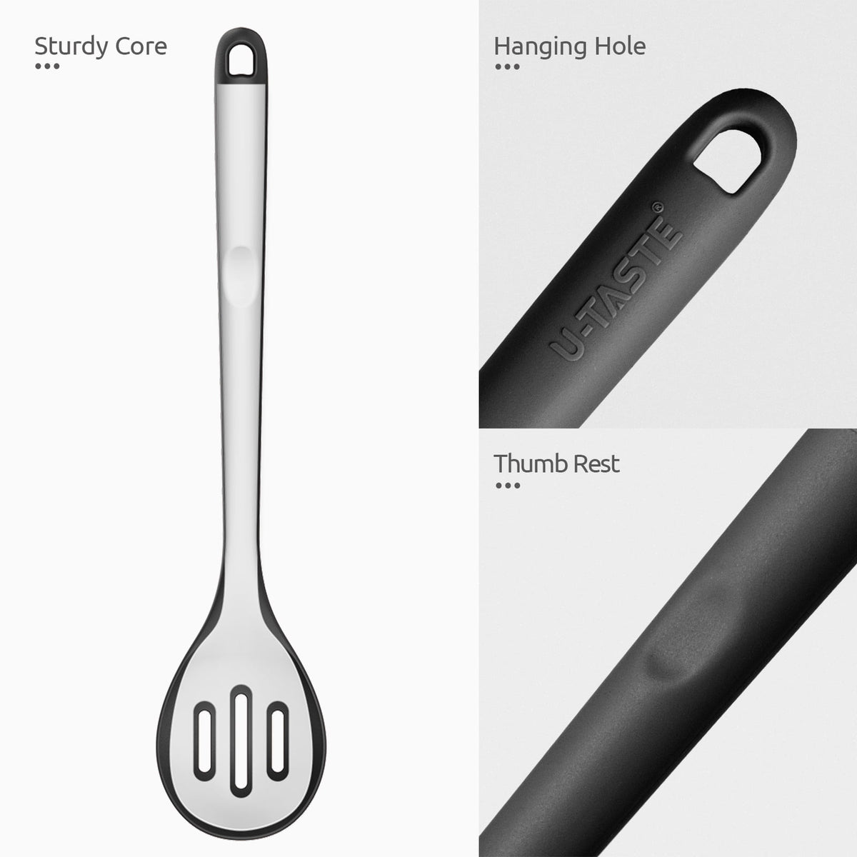U-Taste 600°F Heat Resistant Silicone Slotted Spoon, 13.3in Long Large Cooking Spoon, Rubber Kitchen Utensil for Mixing/Stirring/Basting, Black