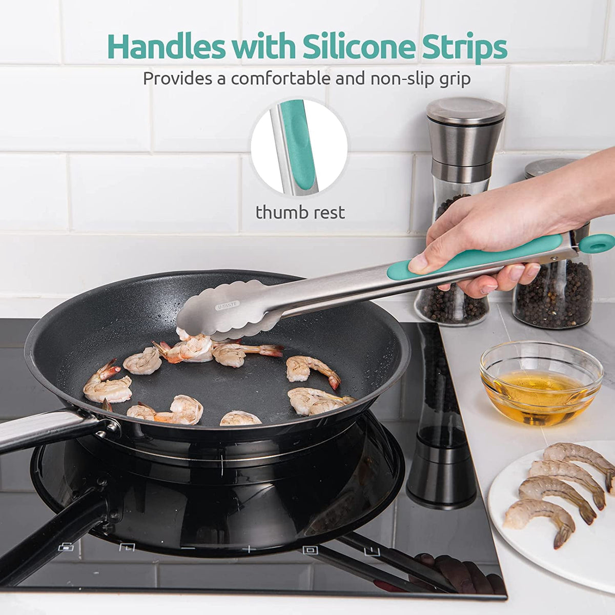 U-Taste 18/8 Stainless Steel Kitchen Tong for Cooking, Metal Tong Utensils Set for Food Serving, Rubber Salad/Grill/BBQ Tongs, 7/9/12in, Aqua Sky