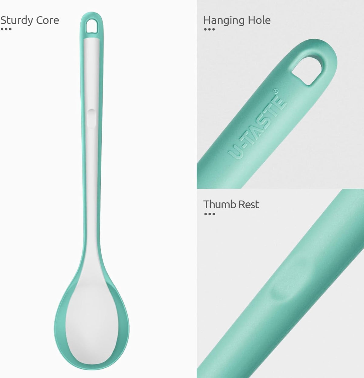 U-Taste 600°F Heat Resistant Silicone Spoons Set of 2, 13.3in Long Large Cooking Spoon, Rubber Kitchen Utensil for Mixing/Stirring/Serving, Aqua Sky