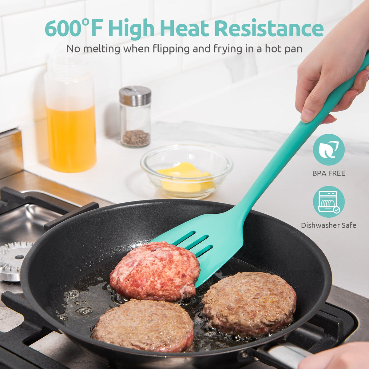 U-Taste 600°F Heat Resistant Silicone Turner, Slotted Kitchen Spatula Cooking Utensil for Flipping Egg Pancake, 13.6" Long/3.7" Wide, Aqua Sky