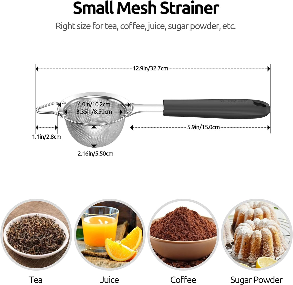 U-Taste Fine Mesh Strainer, 18/8 Stainless Steel Tea Coffee Strainer, Mini Small Fine Sieve, Metal Colander for Loose Tea/Juice/Pulp/Matcha, Black