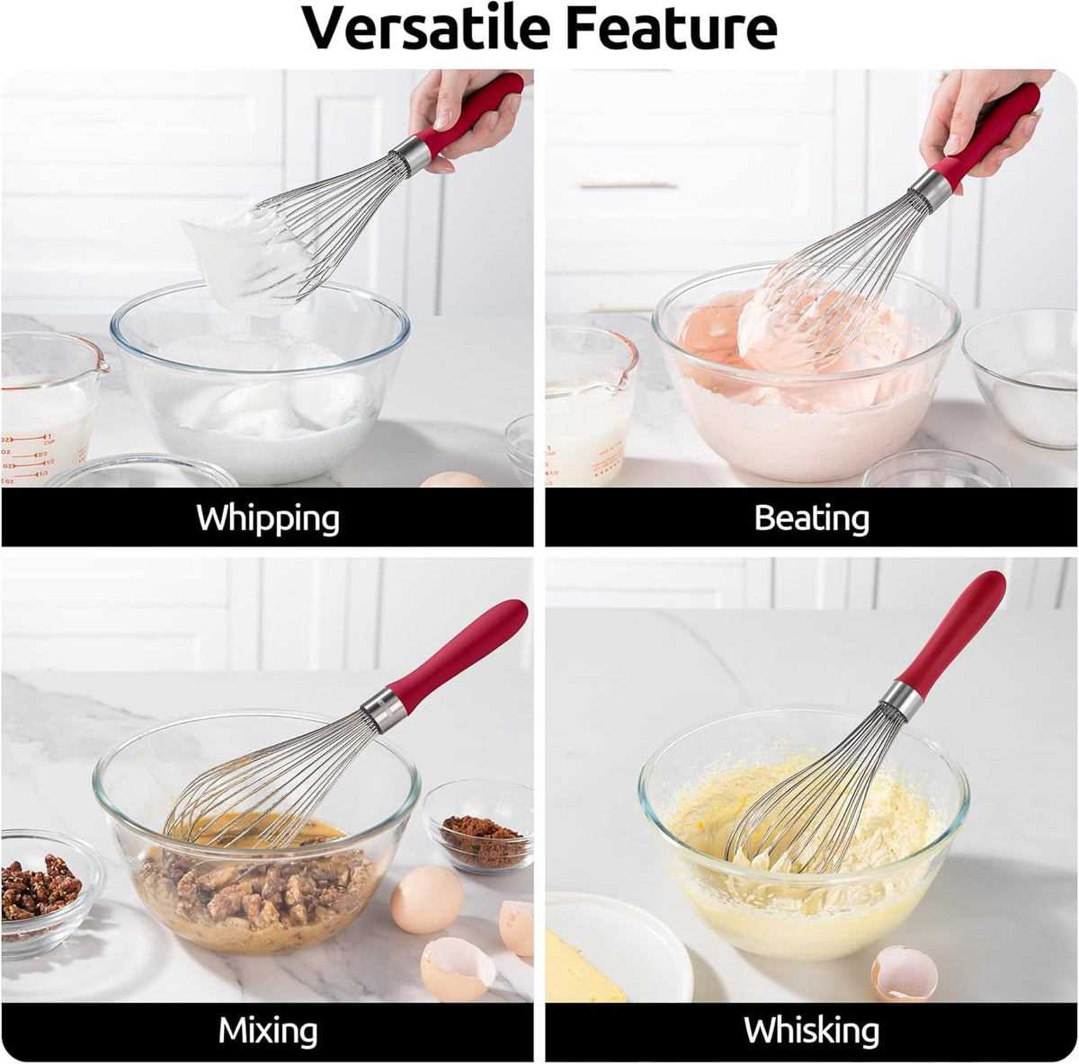 U-Taste Kitchen Wire Whisk for Cooking, 18/10 Stainless Steel Egg Beater with 12 Wires, Baking Tool for Whisking Mixing Stirring Blending, L, Red