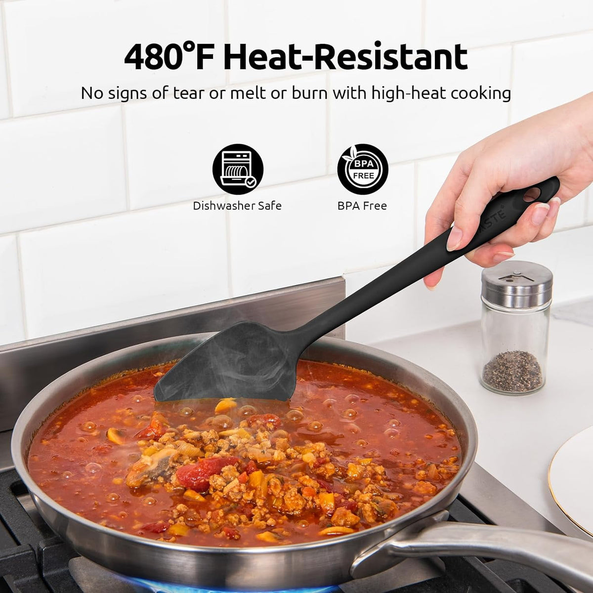 U-Taste 480°F High Heat Resistant Silicone Spatula Set of 4, BPA-Free Food Grade Kitchen Cooking Baking Mixing One Piece Seamless Flexible Rubber Scraper for Nonstick Cookware (Black)