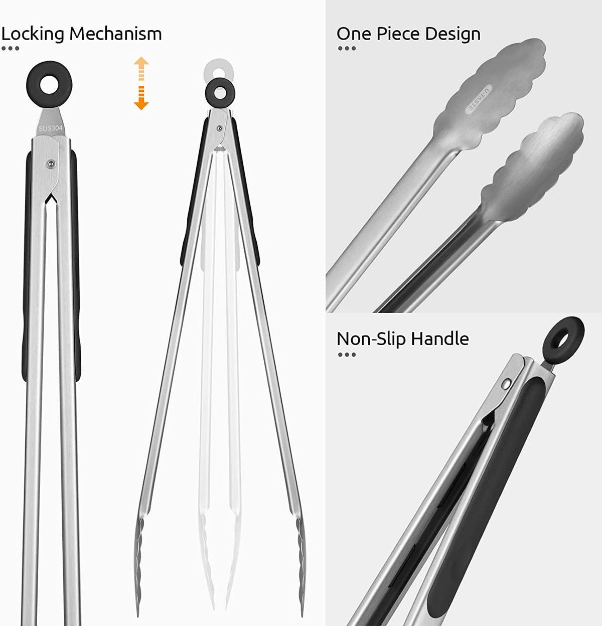 U-Taste 18/8 Stainless Steel Kitchen Tong for Cooking, Extra Long Large Food Tong for Outdoor BBQ Grilling, Non Slip Silicone Handle, 16in, Black